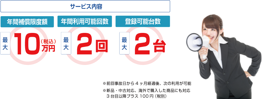 サービスご利用料金月額600円（税別）、最大年間10万円補償、年間最大2回まで、登録台数最大2台まで